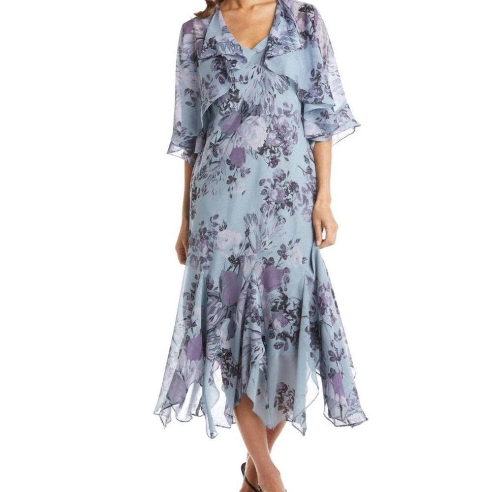 R&M Richards Blue Purple Asymmetrical Floral 2 Piece Long Dress Size 6